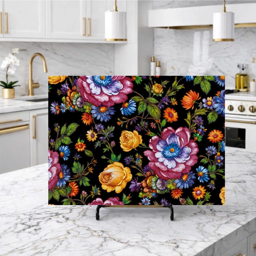 Floral Blacks and Oranges Glass Trivet Board