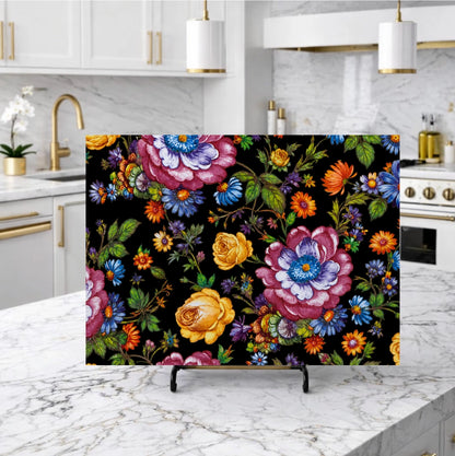 Floral Blacks and Oranges Glass Trivet Board