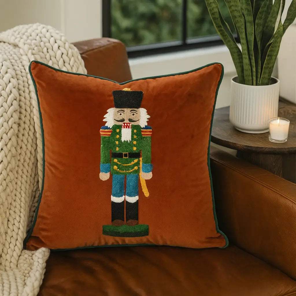 Brown Embroidered Nutcracker Velvet 18" Throw Pillow