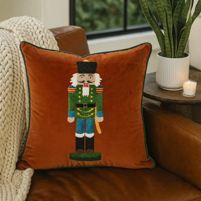 Brown Embroidered Nutcracker Velvet 18" Throw Pillow