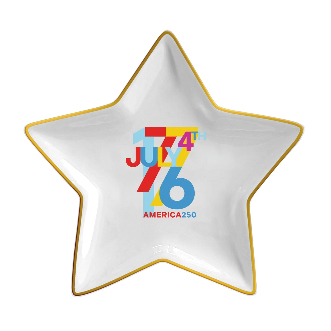 Star-shaped dish with 'July 4th 1776 America 250' text on a white background