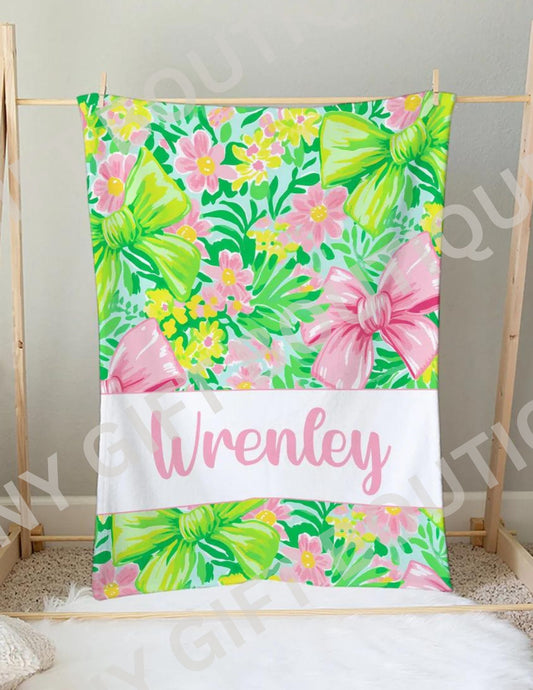 Pink & Green Bow Personalized Blanket