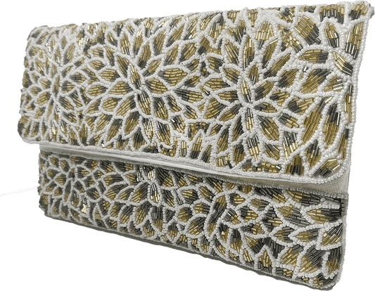 Silver & Gold Flowers Beaded Clutch