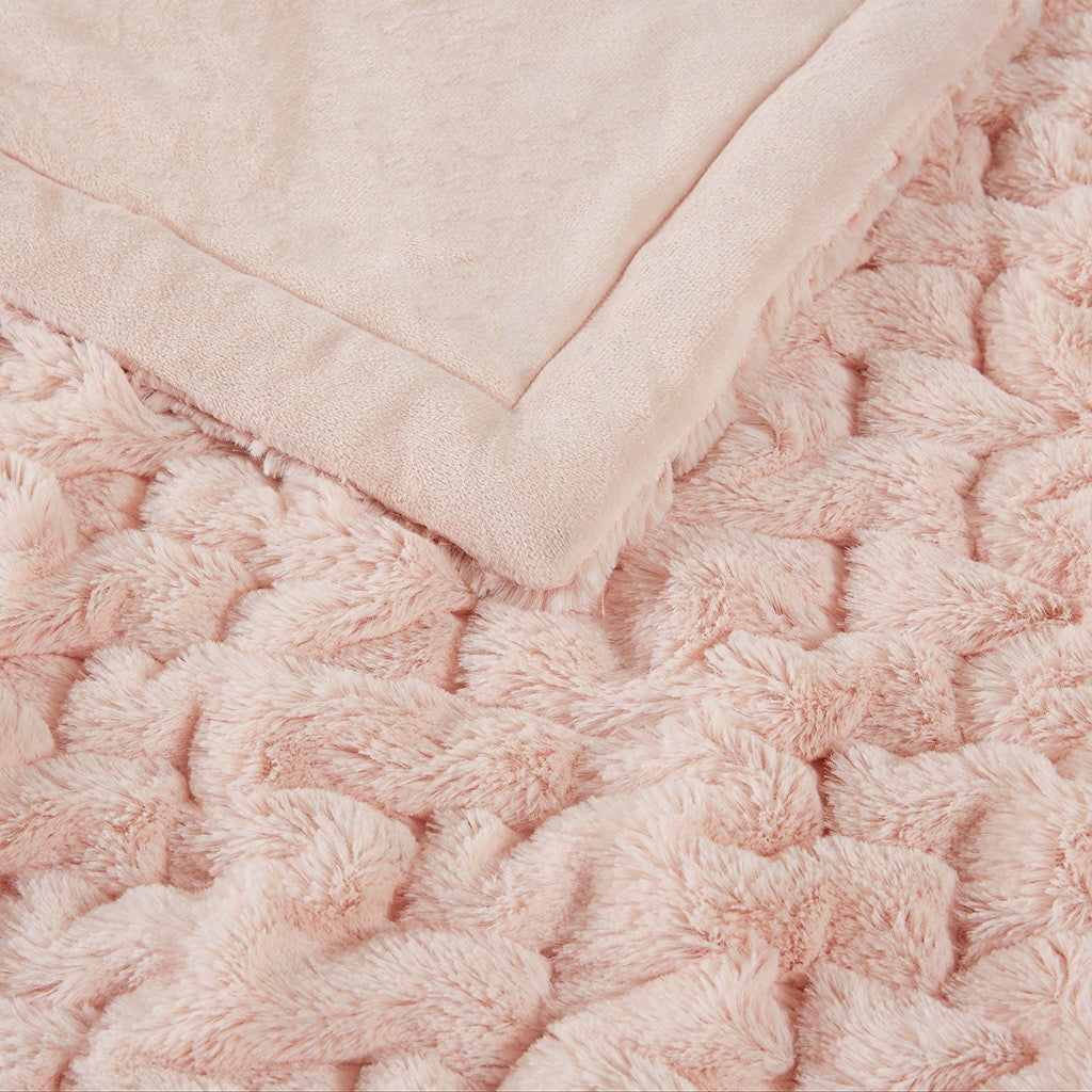 Ruched Fur Throw Blanket 50x60", Blush Pink