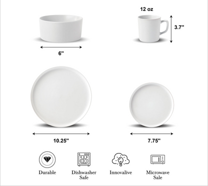 White ceramic dinnerware set with dimension labels: a shallow bowl marked 6 inches, a mug marked 12 oz / 3.7 inches, a plate marked 10.