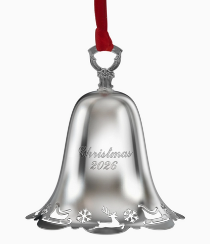 2026 Towle silver-plated pierced bell ornament with sleigh, reindeer and snowflake designs and Christmas 2026 engraving.
