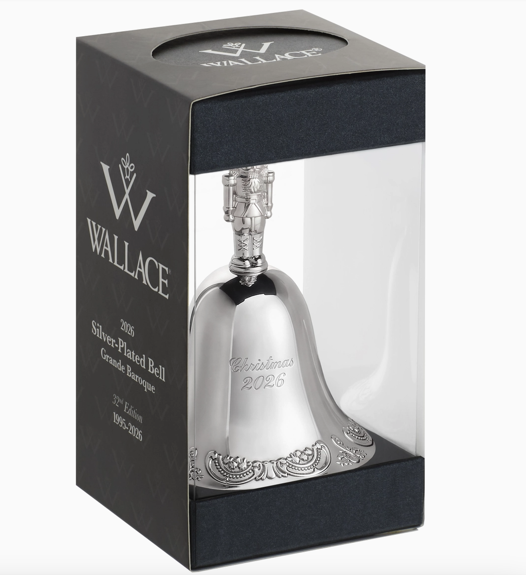 2026 Wallace Grande Baroque silver-plated bell ornament presented in its collectible Wallace display box.