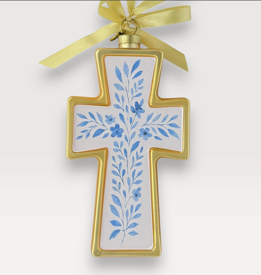 2026 Floral Cross blown glass Christmas ornament with blue botanical flowers ivory center gold border and gold ribbon