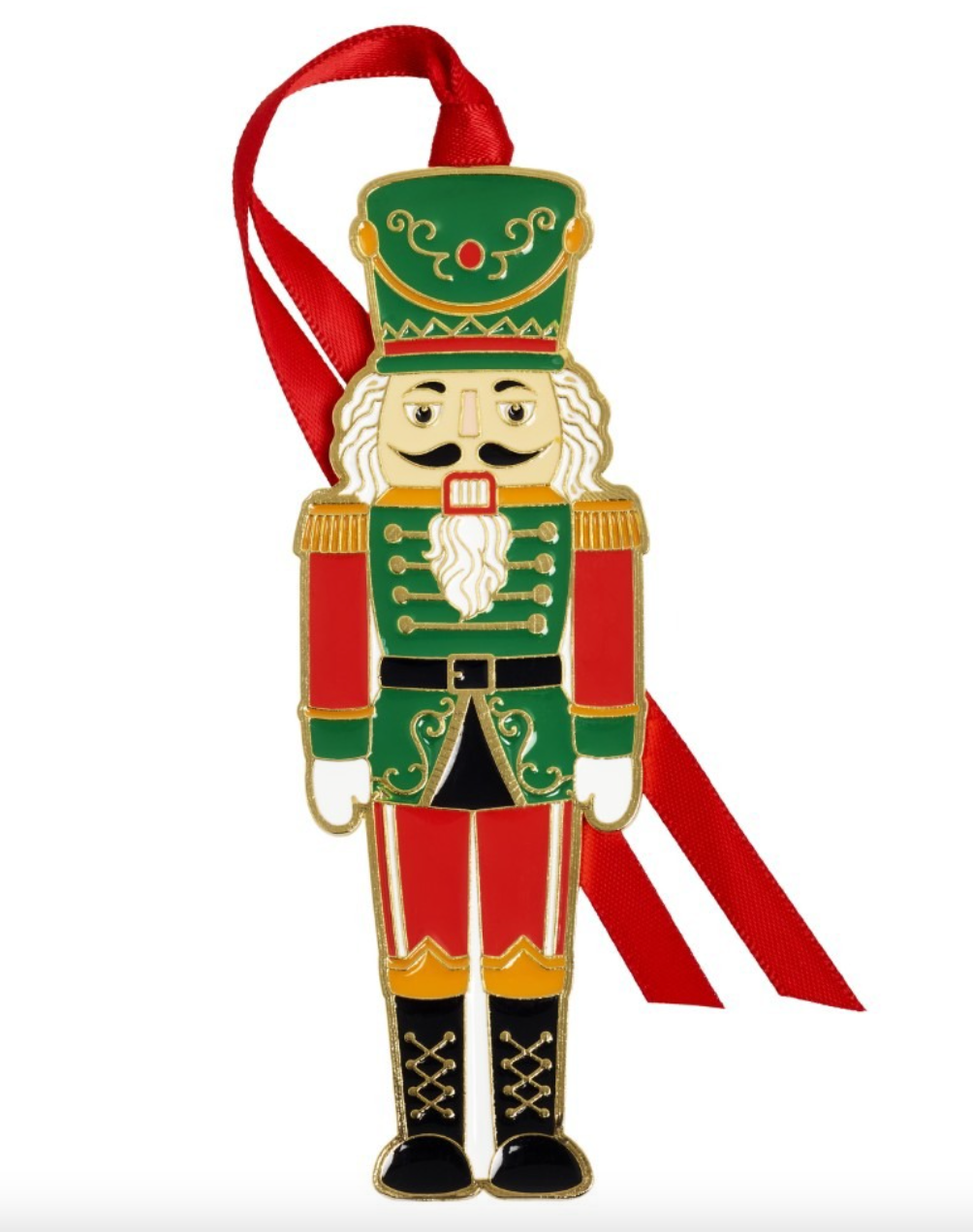 2026 Fitz and Floyd Nutcracker Christmas ornament with red and green enamel, gold-plated details and red hanging ribbon.