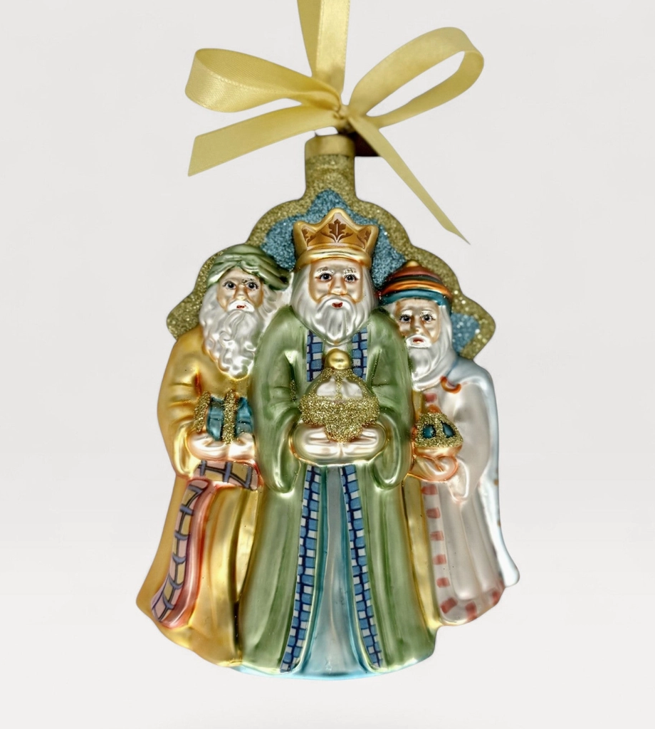 2026 First Edition Three Wise Men blown glass Christmas ornament with hand-painted gold green blue and ivory details and gold ribbon