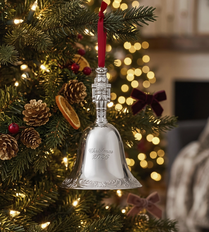 2026 Wallace Grande Baroque silver-plated Christmas bell ornament hanging from a Christmas tree with red ribbon.