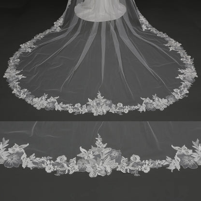 Veil with floral lace edge on a black background