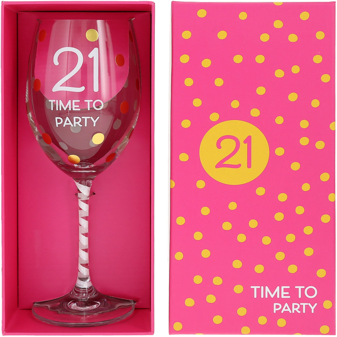 Wine glass with '21 Time to Party' text in a pink box with yellow polka dots.