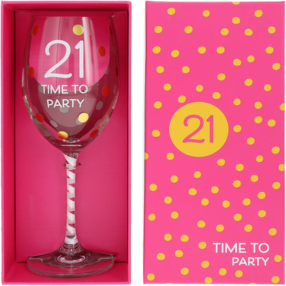 Wine glass with '21 Time to Party' text in a pink box with yellow polka dots.