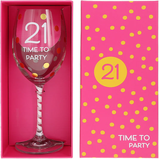 Wine glass with '21 Time to Party' text in a pink box with yellow polka dots.