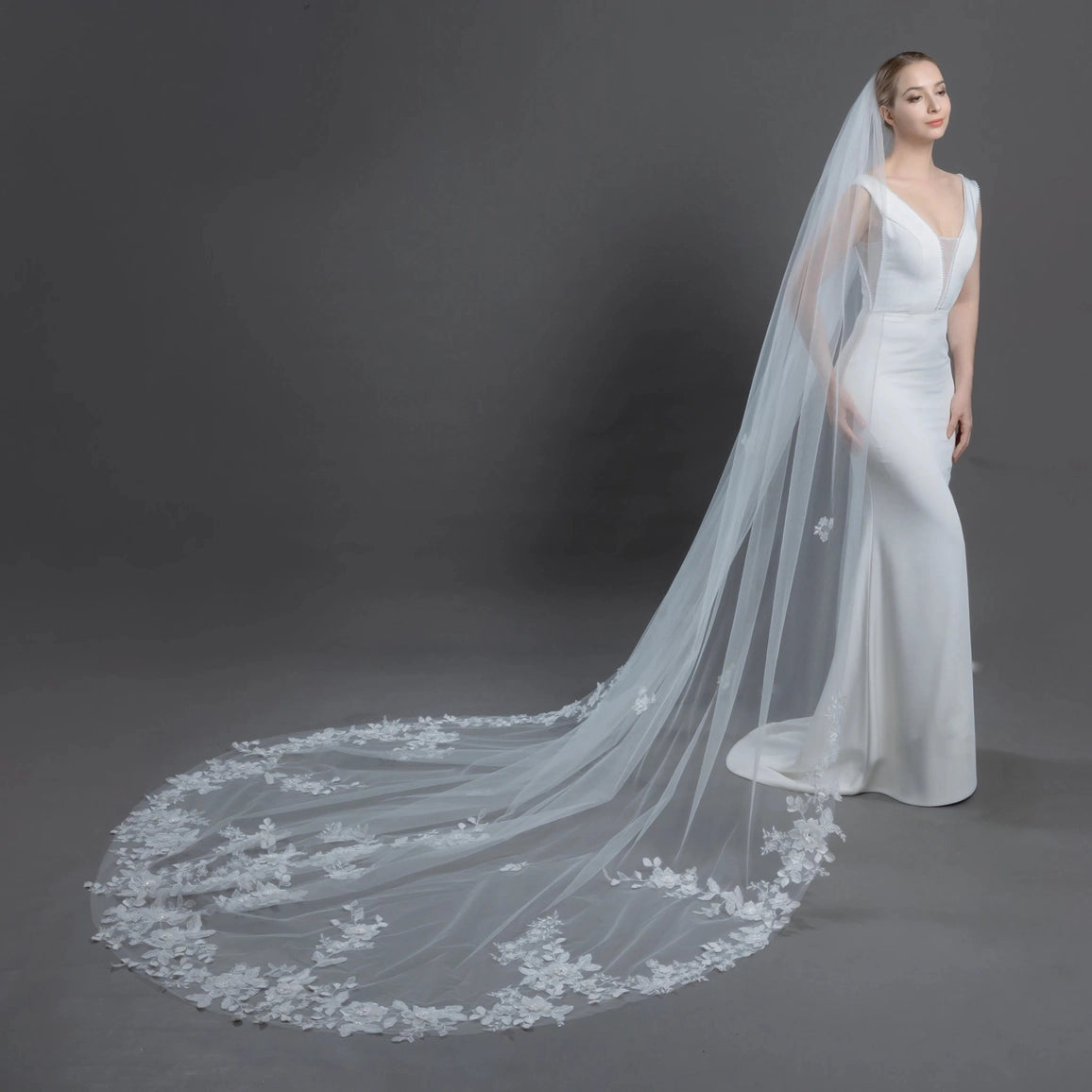 Organza Flowers Embroidered Lace Bridal Veil 120" - Ivory - NY Gift Boutique