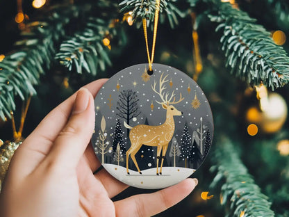 Reindeer Gold & Gray Ceramic Disc Ornament