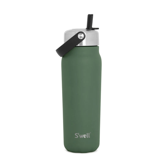Green water bottle with black lid on a white background