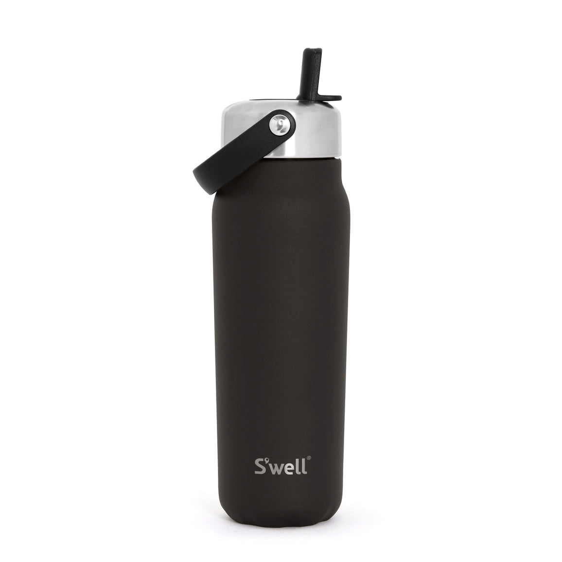 Black water bottle with silver cap and 'S'well' logo on a white background