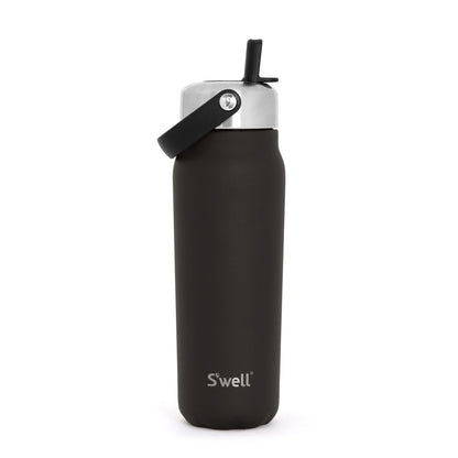Black water bottle with silver cap and 'S'well' logo on a white background
