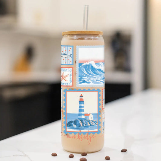 Custom City & State Can Shaped Glass Tumbler with Lid & Straw 24oz