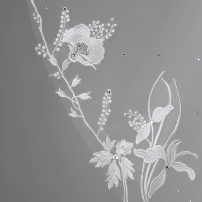 Floral Embroidered Lace Crystals Bridal Veil 54" X 60" - Ivory
