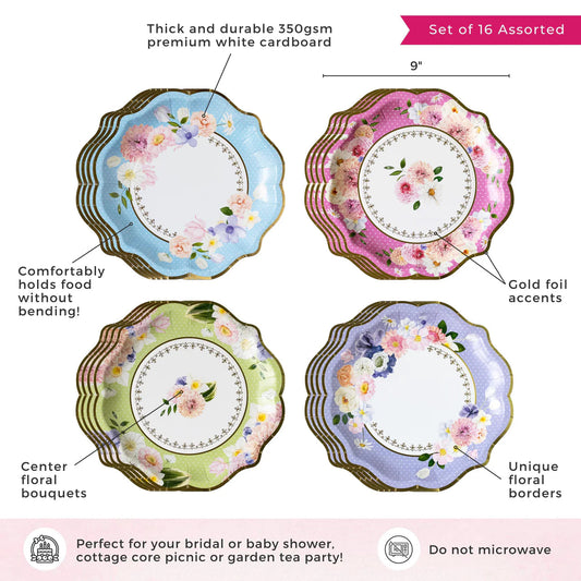 Tea Time Party 9" Premium Paper Plates - Assorted (Set of 16)