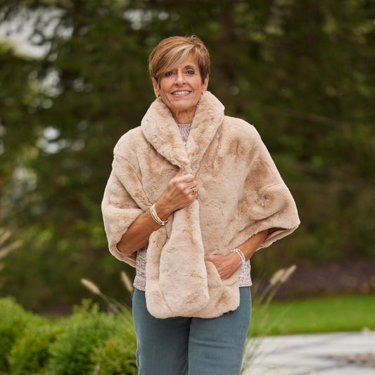 Camel Faux Fur Collins Capelet- Waterproof Satin Lining