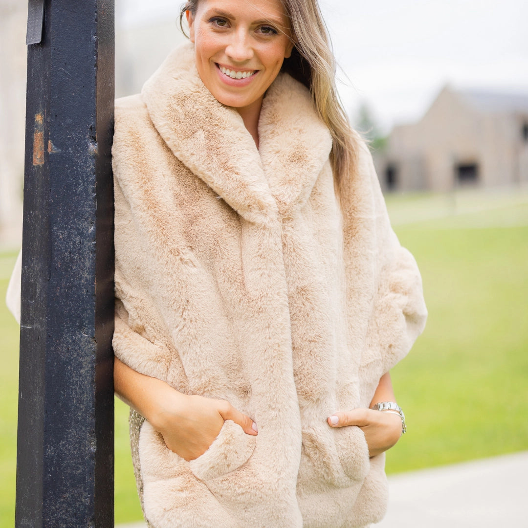 Camel Faux Fur Collins Capelet- Waterproof Satin Lining