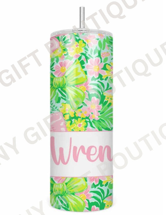 Pink & Green Bow Personalized Tumbler