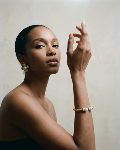 Pearl Flower Jewelry Set: Gold Hoop Earrings and Open Bracelet