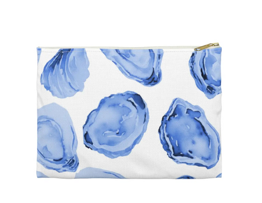 Pouch with blue oyster shell pattern on a white background