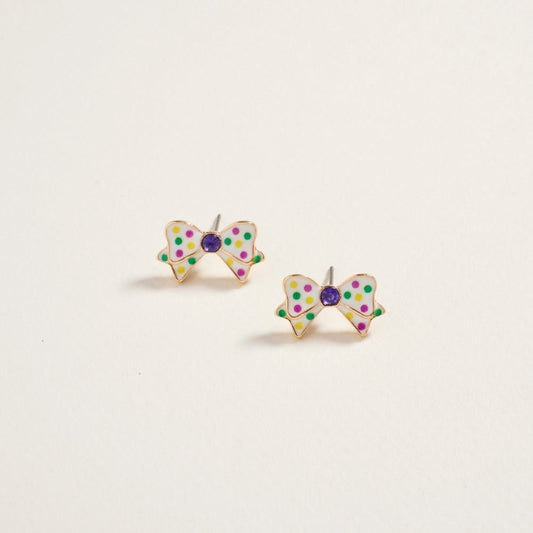 Mardi Gras Ribbon Bow Rhinestone Post Earrings