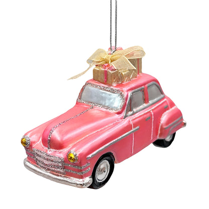 Nostalgic Pink Car Glass Christmas Ornament, Vintage Classic