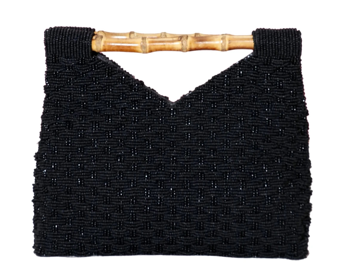 Black Beaded Bamboo Handled Handbag