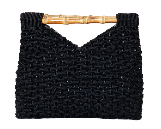 Black Beaded Bamboo Handled Handbag