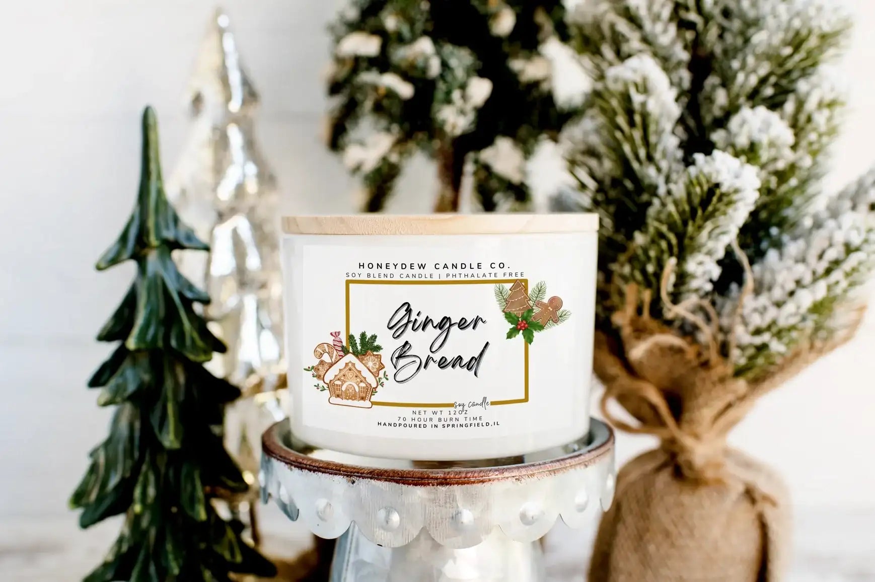 Gingerbread candle with decorative packaging in a festive setting
