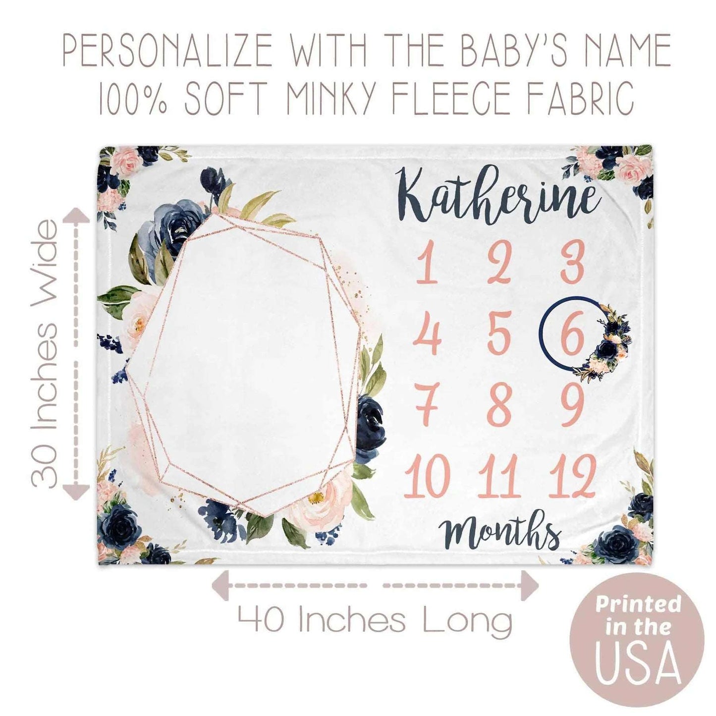 Navy & Blush Personalized Milestone Baby Blanket