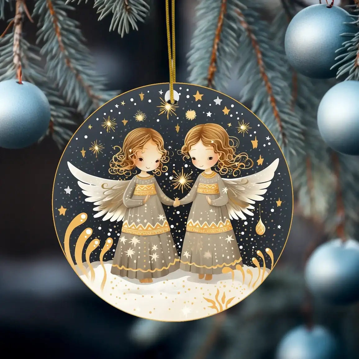Two Angels Ceramic Disc Ornament