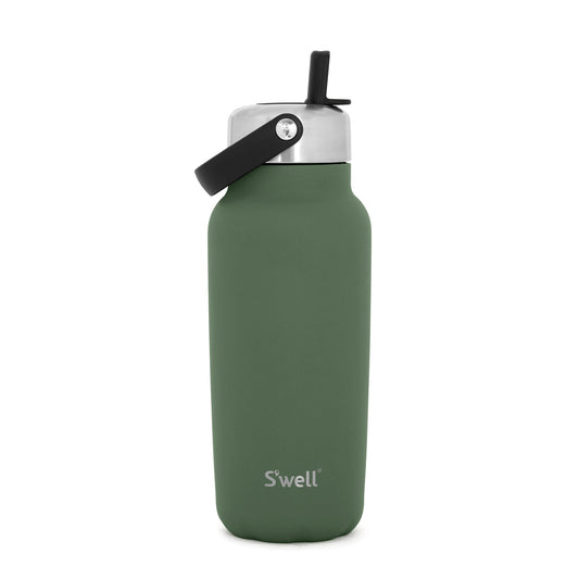 Green water bottle with black straw lid on a white background