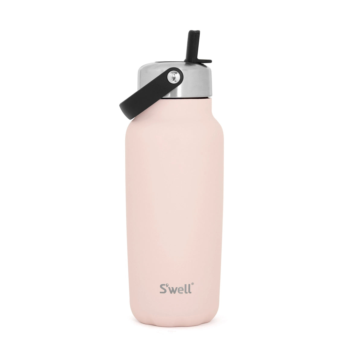 Pink water bottle with black lid on a white background