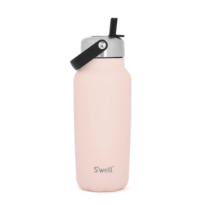 Pink water bottle with black lid on a white background