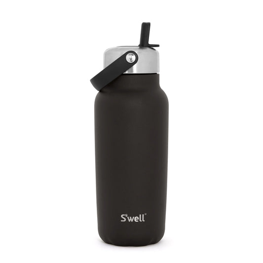 Black water bottle with silver cap on a white background