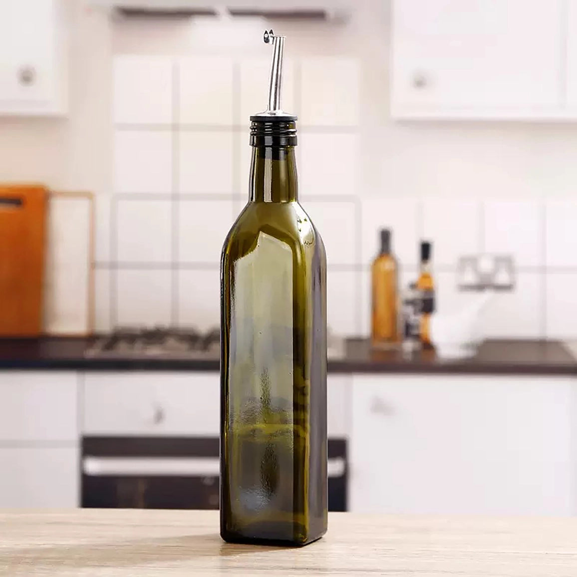 Green Glass Olive Oil Bottle with Spout Lids, 16.9 oz