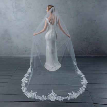 Floral Embroidered Lace Bridal Veil 120" X 90" - Ivory