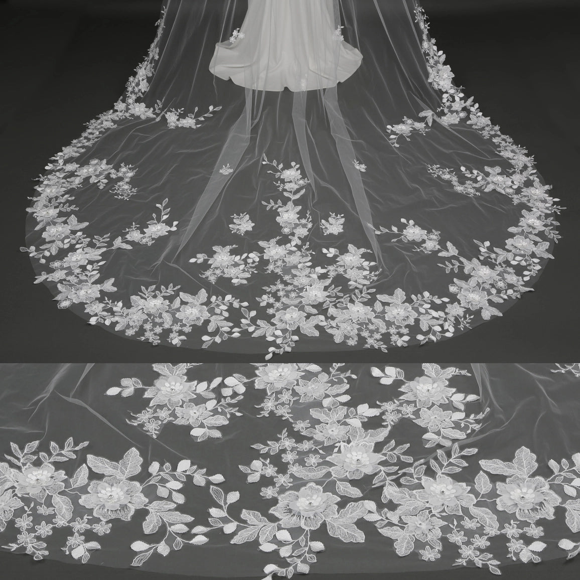 Organza Flowers Embroidered Lace Bridal Veil 120" - Ivory - NY Gift Boutique