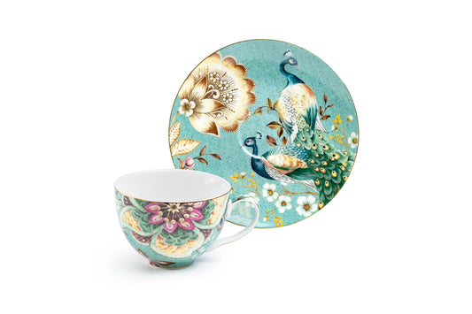 Peacock Lotus Garden Green Fine Porcelain Cup Saucer Set of 4