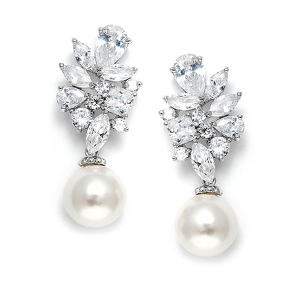 CZ Cluster Earrings Ivory Pearl Drops - Genuine Platinum Plated