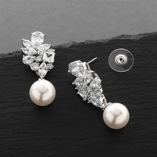 CZ Cluster Earrings Ivory Pearl Drops - Genuine Platinum Plated