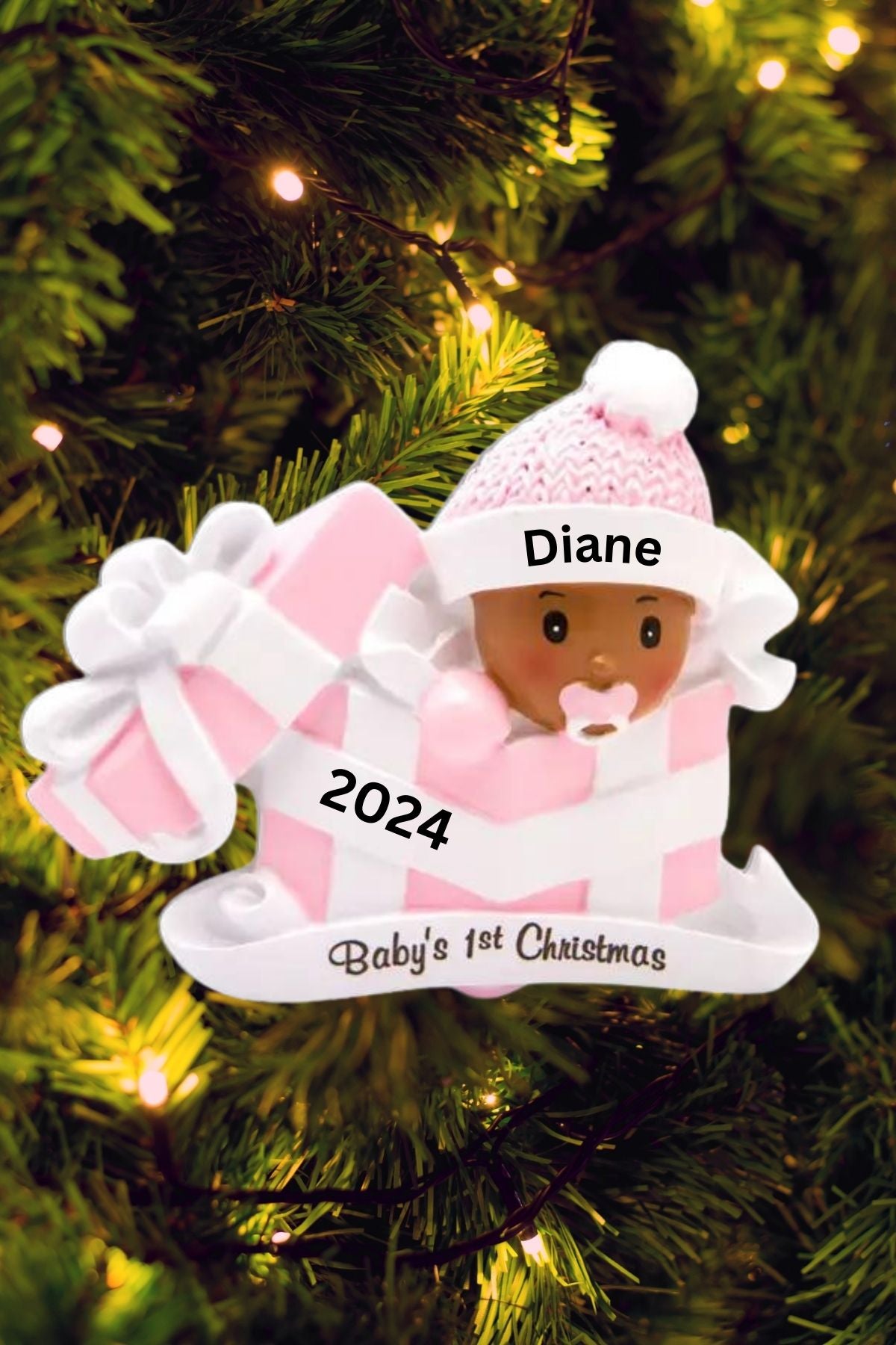 Dark Skin Baby in Present Personalized Ornament